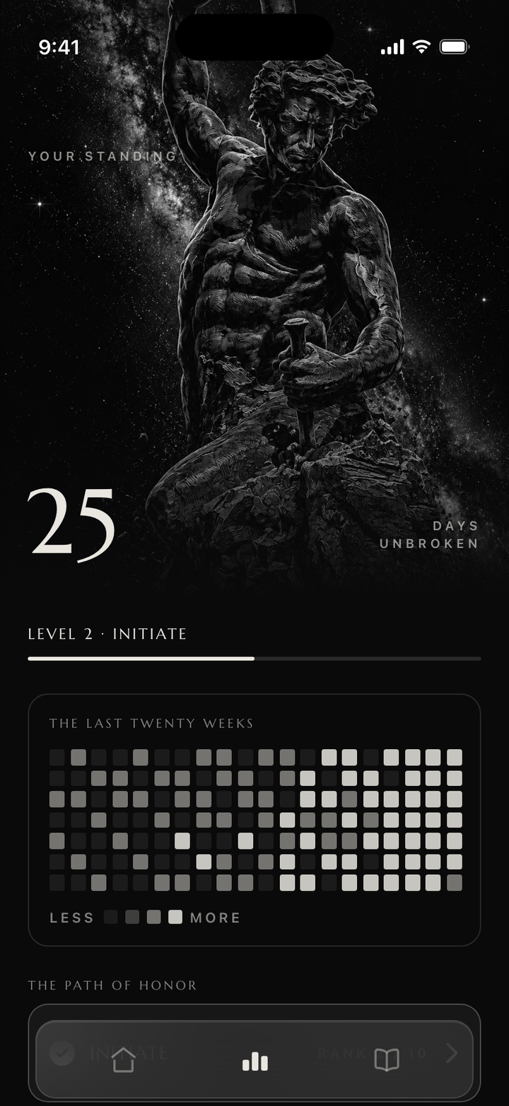 The Standing screen: a 47-day streak, rank progress, and a twenty-week consistency heatmap.